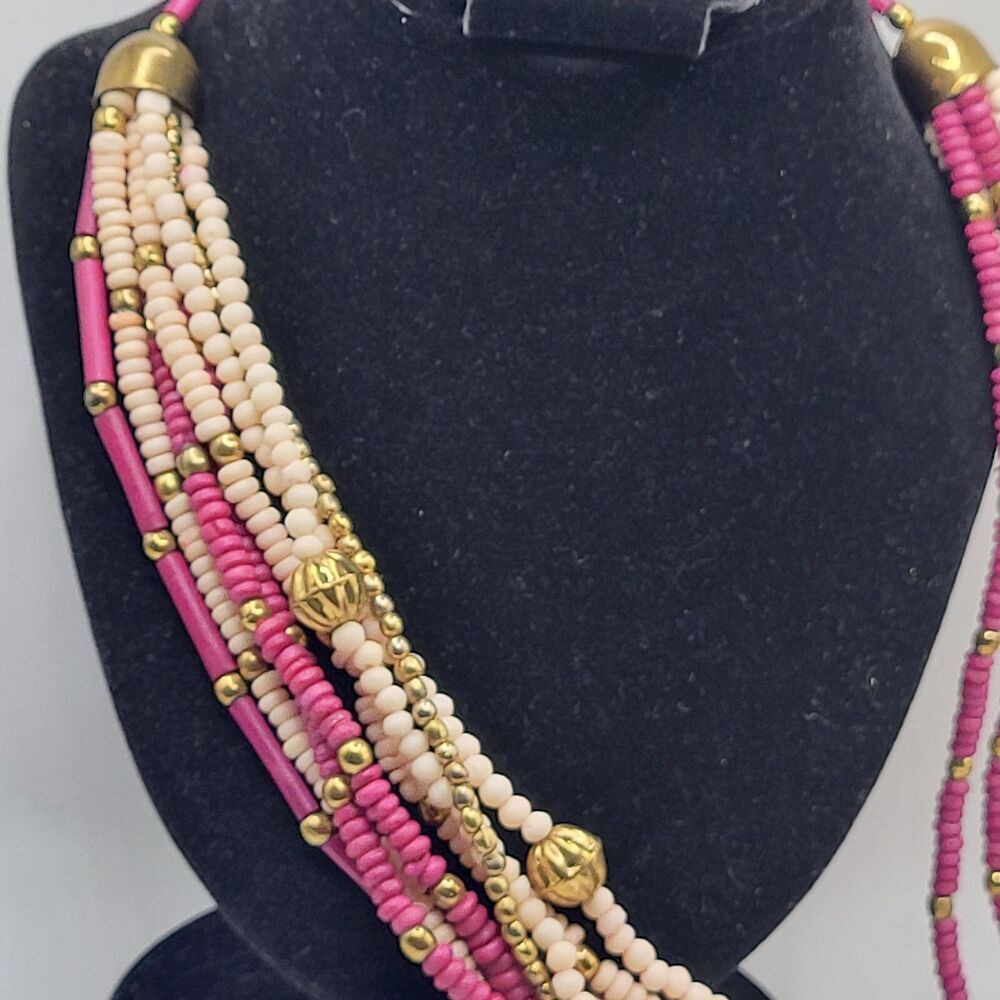 Bohemian Multistrand Chunky Magenta Cream Gold Ethnic Artisan 27in